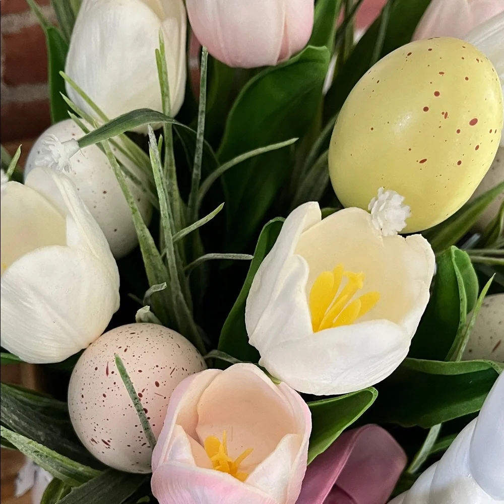 Nicole Miller White Basket Planter with Pink & White Tulips and Pastel Eggs